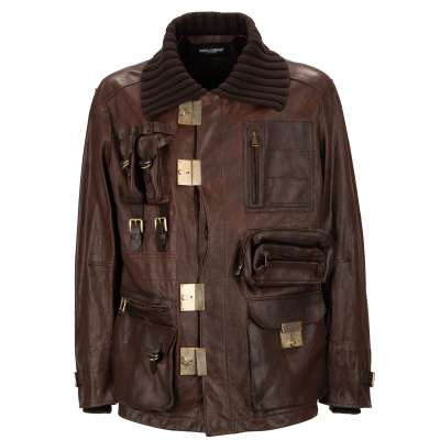 Einzigartige Jacke aus Leder mit vielen Taschen und Schnallen Braun 52 L
