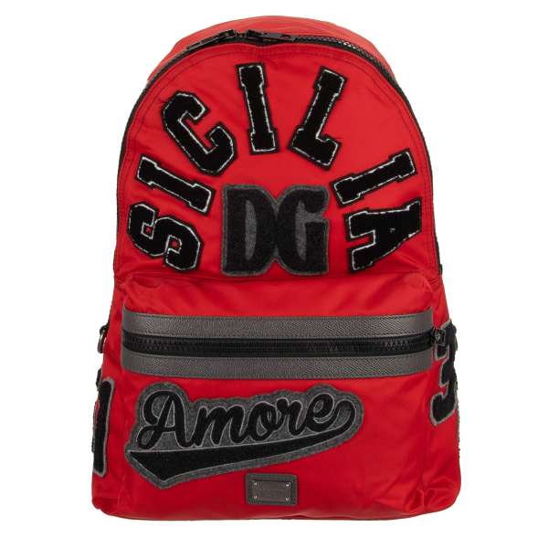 Embroidered nylon backpack with Sicilia Amore lettering, logo plate and zip pocket by DOLCE & GABBANA