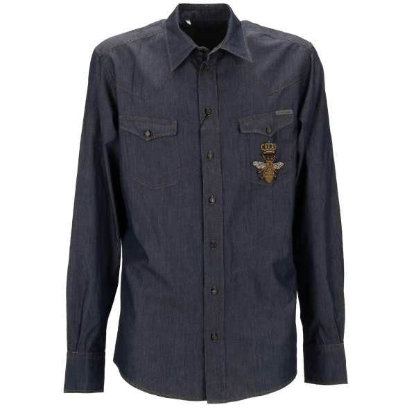 Jeans / Denim shirt with goldwork bee and crown embroidery and two front pockets in blue by DOLCE & GABBANA