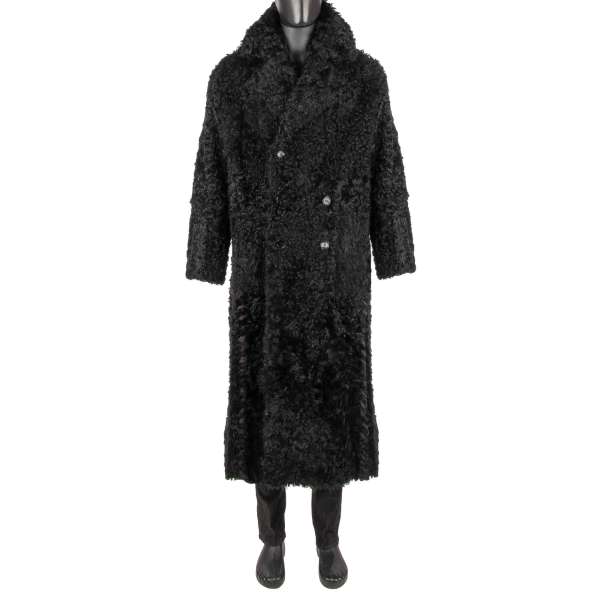 Unique long and oversized double-breasted Lamb Fur and Leather Coat by DOLCE & GABBANA