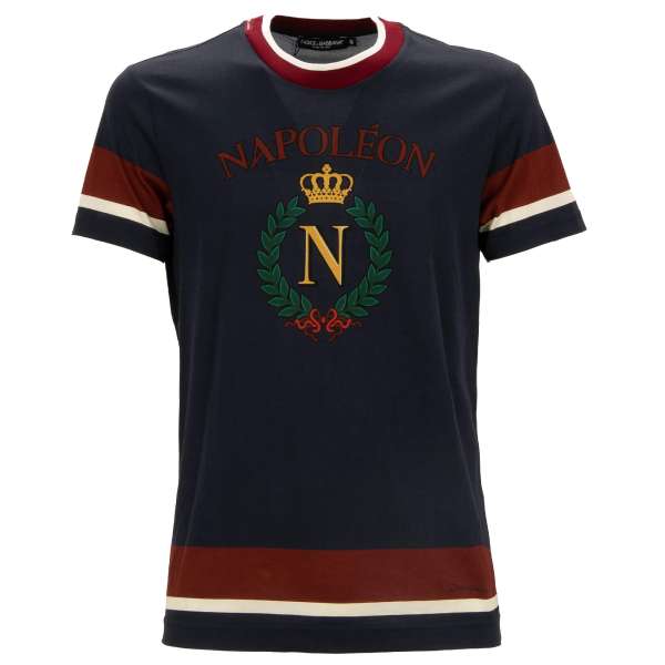 Baumwolle T-Shirt mit Krone Napoleon Motiv in Rot und Blau von DOLCE & GABBANA