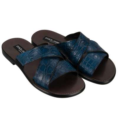 Crocodile Texture Leather Sandals Blue 39.5