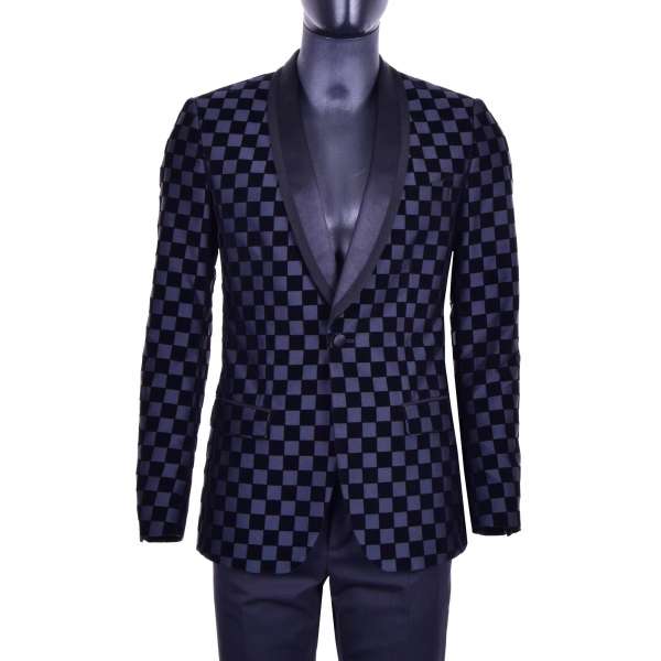 Blazer im Schachbrett Design aus Samt und Stoff mit rundem Samt Revers von DOLCE & GABBANA Black Label