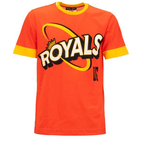 Cotton T-Shirt with Royals, Crown, King, 62 and DG Logo Print in black, yellow and orange by DOLCE & GABBANA