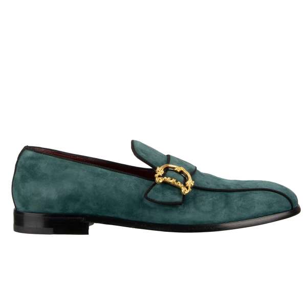 DG Baroque logo buckle embellished loafer shoes MILANO made of suede in blue by DOLCE & GABBANA