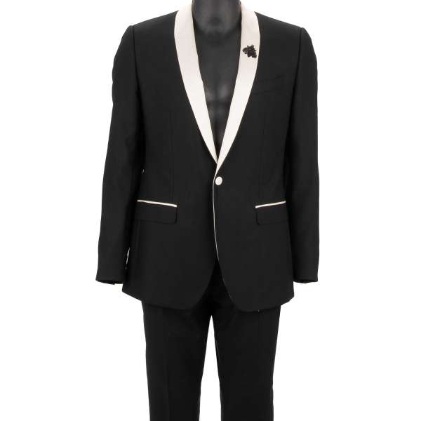 Virgin wool suit with crystal bee on the silk shawl lapel in white and black by DOLCE & GABBANA 