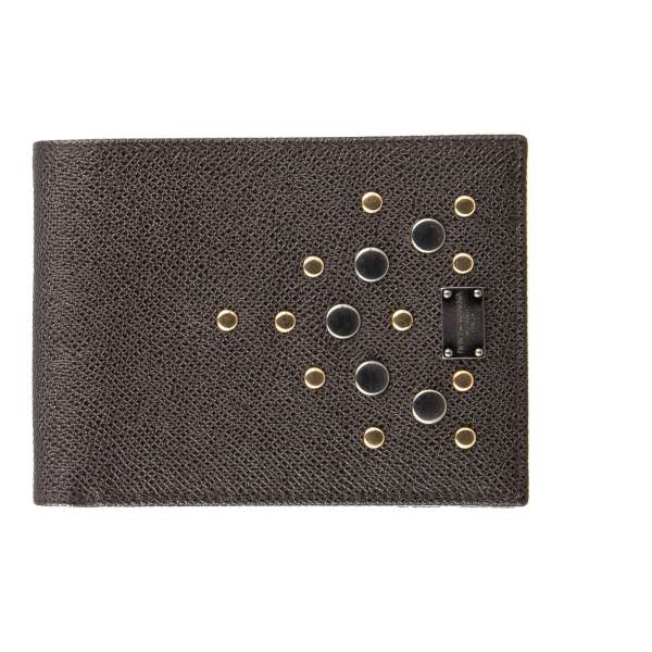 Dauphine leather bifold wallet with studs and DG metal logo plate in brown by DOLCE & GABBANA