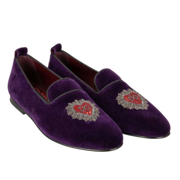 Velvet loafer shoes YOUNG POPE with sequins embroidered heart and DG logo in purple and red by DOLCE & GABBANA