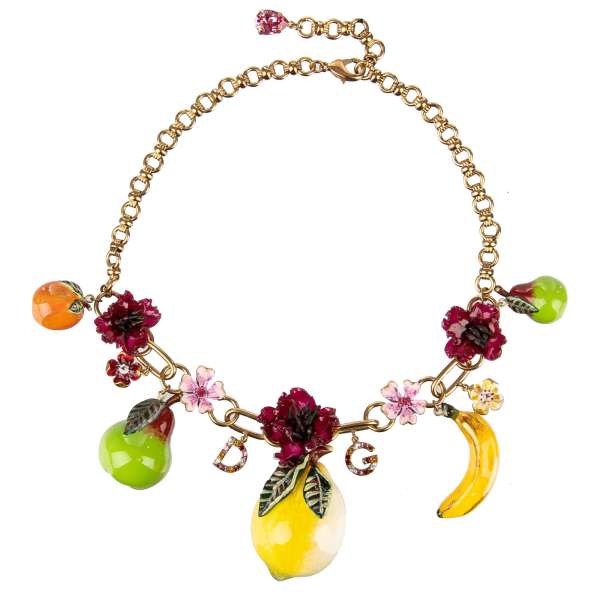 Chocker Kette mit mehrfarbigen Kristallen DG Buchstaben, Zitrone, Banane, Birnen, Orange und Blumen in gold von DOLCE & GABBANA 