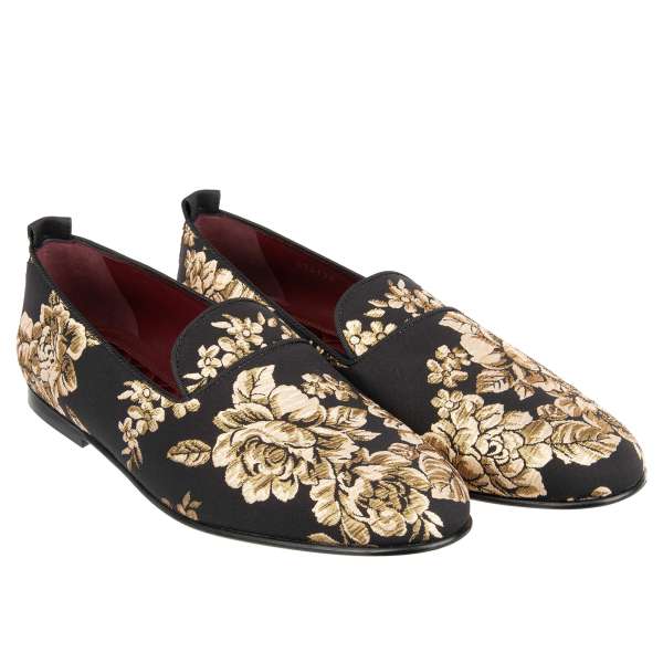 Jacquard fabric loafer shoes YOUNG POPE with floral roses pattern in gold and black by DOLCE & GABBANA