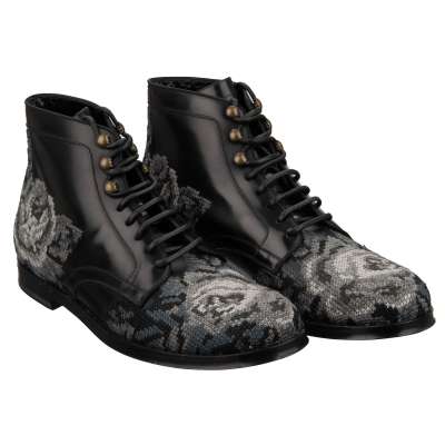 Baroque Rose Embroidery Boots Shoes Black Gray