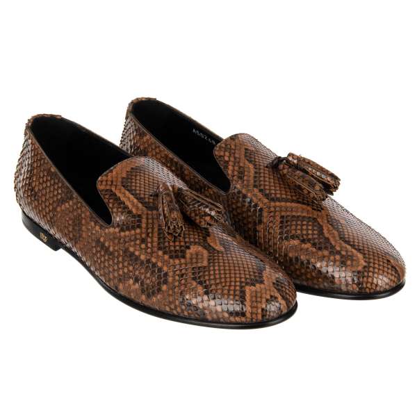 Snake skin loafer shoes YOUNG POPE with tassels in brown by DOLCE & GABBANA