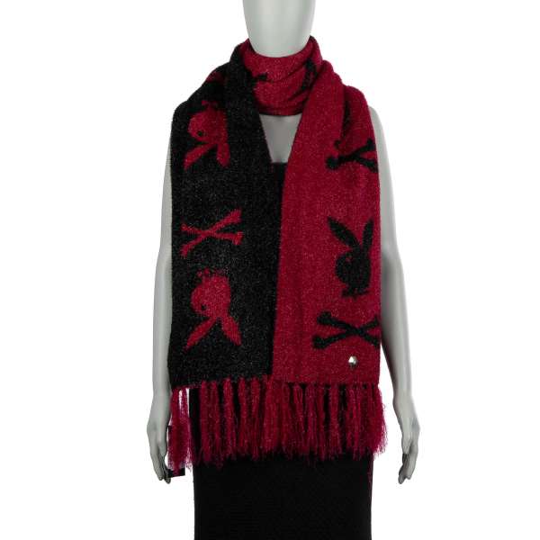 Long bi-color scarf Rock PP with printed Bunny Skull logos and metal logo plaque by PHILIPP PLEIN x PLAYBOY
