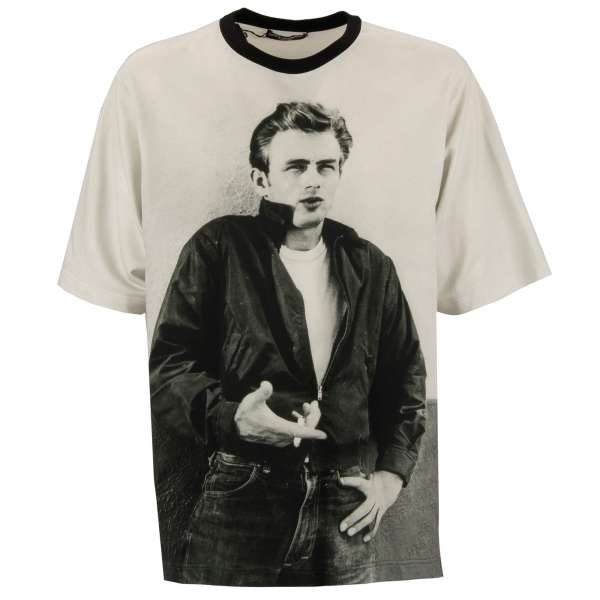 Printed cotton T-Shirt with James Dean print and patch on the back in black and gray by DOLCE & GABBANA