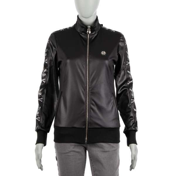 Jogging jacket for women with a large Plein Playboy crystals logo at the back, sleeves with crystals logo stripes and Philipp Plein logo at the front by PHILIPP PLEIN x PLAYBOY