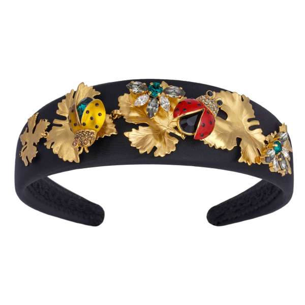 Headband with crystals, leaves and ladybirds in black and gold by DOLCE & GABBANA