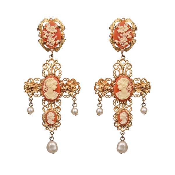  "Cammeo" Baroque Clip Earrings adorned with Cameo and artificial pearls in gold and orange by DOLCE & GABBANA