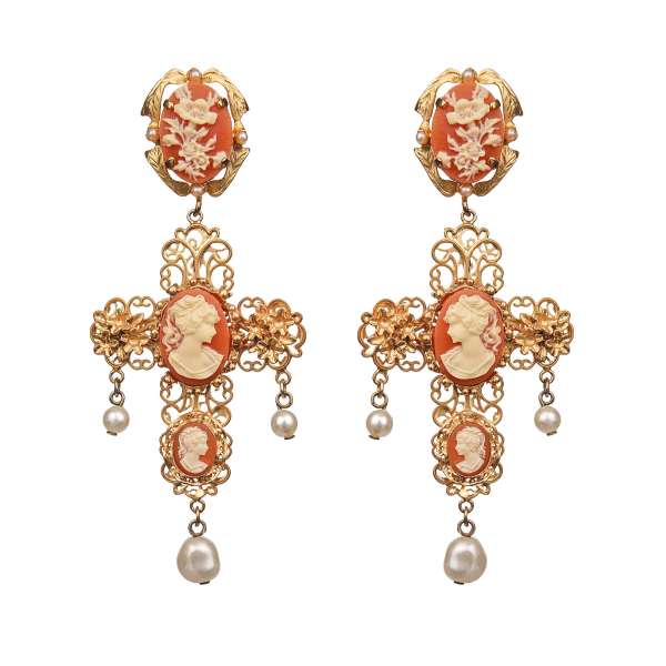  "Cammeo" Baroque Clip Earrings adorned with Cameo and artificial pearls in gold and orange by DOLCE & GABBANA