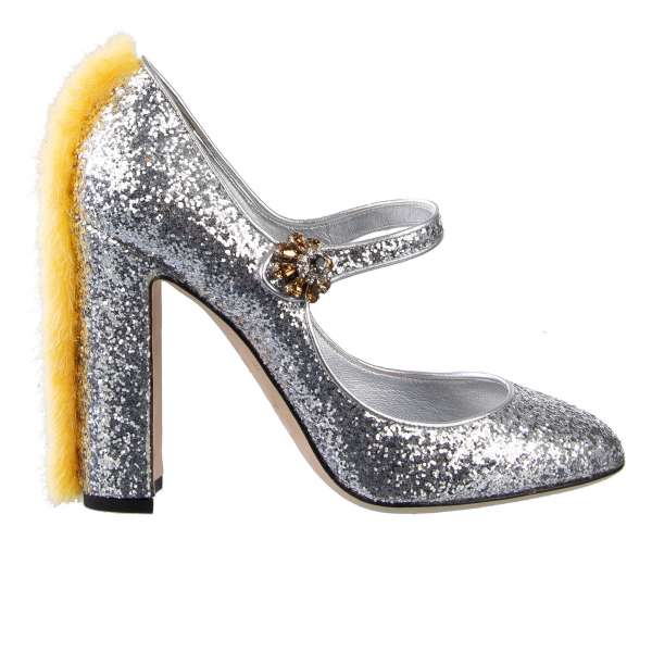 Glitter Design Mary Jane Pumps VALLY embellished with mink fur and crystals buckle by DOLCE & GABBANA Black Label