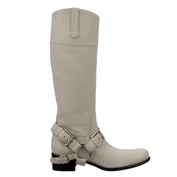 Biker Style Boots HARLEY made of soft leather with metal buckles in white by DOLCE & GABBANA