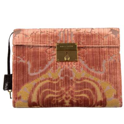 Floral Velvet Brocade and Caiman Leather Clutch Bag CLEO Pink Gold