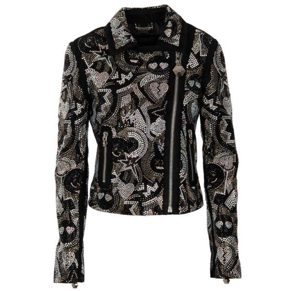 Suede Leather Jacket Emotions Signs embellished with Swarovski Crystals in black by PHILIPP PLEIN COUTURE