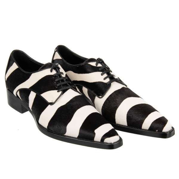 Classic pony fur leather shoes ZANZARA with pointy toe shape and zebra print in black and white by DOLCE & GABBANA