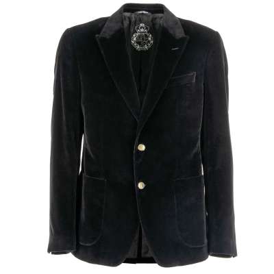 Velvet Blazer with Crown Logo Peak Lapel and Pockets Black