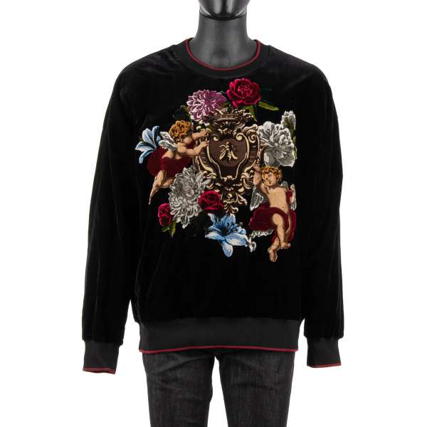 Dolce & Gabbana Velvet Sweater with Baroque Angels and Flowers Application Black Red | FASHION ROOMS Dolce & Gabbana Velvet Sweater with Baroque Angels and Flowers Application Black Red | FASHION ROOMS