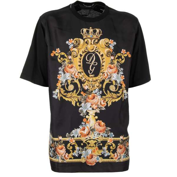Oversize Silk and Cotton T-Shirt with Baroque Flowers Logo Crown print in black by DOLCE & GABBANA
