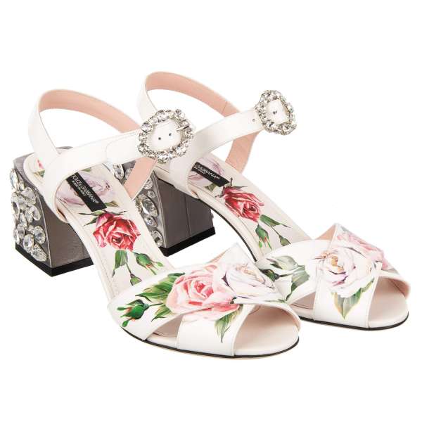 Beschmückte Rosen Sandalen KEIRA aus Lackleder mit Kristallen Absatz in Weiß und Silber von DOLCE & GABBANA 