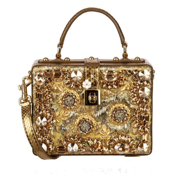 Unique handmade snakeskin and lurex jacquard clutch / shoulder bag DOLCE BOX with massive floral crystals applications and decorative padlock by DOLCE & GABBANA