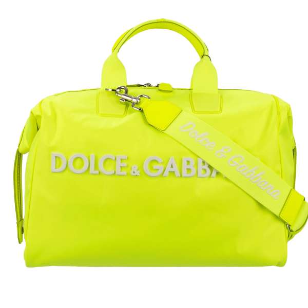 Fluorescent Neon Nylon Weekender / Travel Bag / Duffle Bag with patent leather details, large logo and logo strap by DOLCE & GABBANA