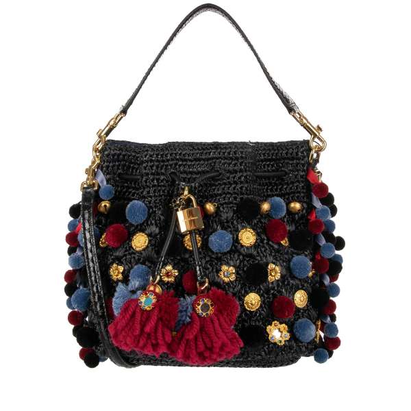 Sicily Style straw bucket hobo bag / shoulder bag CLAUDIA with two snakeskin straps embellished with pompoms, sing-song bells, crystals and enamel flowers by DOLCE & GABBANA