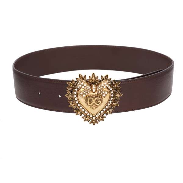 DEVOTION leather Belt embellished with Pearl Metal Heart in brown and gold by DOLCE & GABBANA 