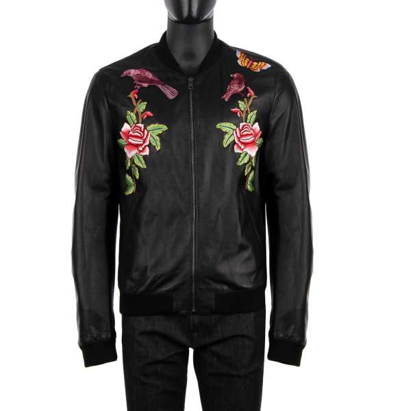 Individually washed lamb leather jacket with massive roses embroidery and four front pockets by DOLCE & GABBANA Black Line