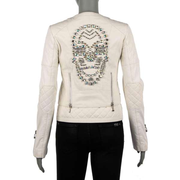 Leather Jacket INDIAN SKULL with crystal embroidery on the back in white by PHILIPP PLEIN COUTURE