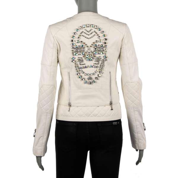 INDIAN SKULL Lederjacke mit Kristallen Stickerei an Rücken in Weiß von PHILIPP PLEIN COUTURE