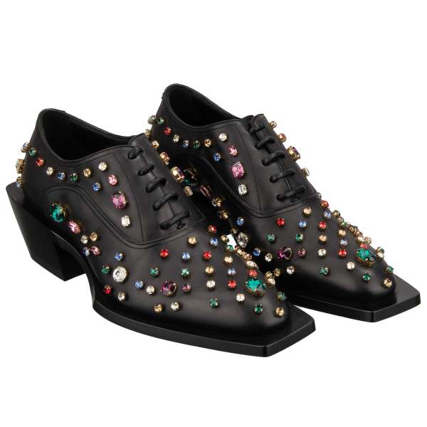 Leather shoes FRANCESINA with crystal embellishments and DG logo inside the heel in black by DOLCE & GABBANA