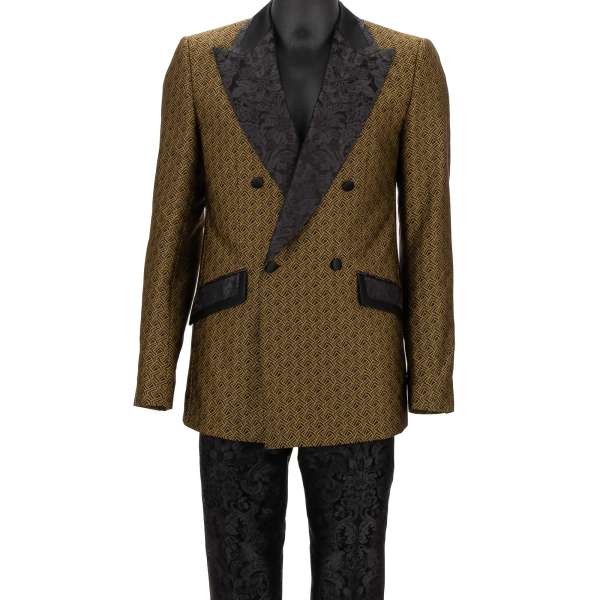 Baroque jacquard double-breasted suit with geometric and floral pattern peak lapel in black and gold by DOLCE & GABBANA 