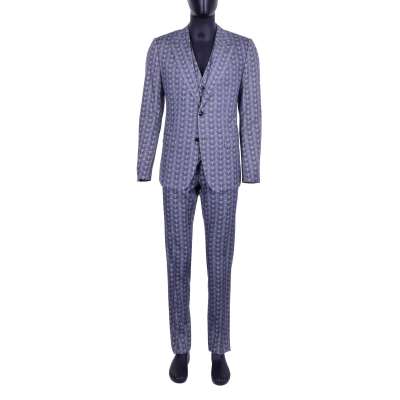 3-Teile Schurwolle Anzug mit Eulen Print Blau Grau 50 M-L