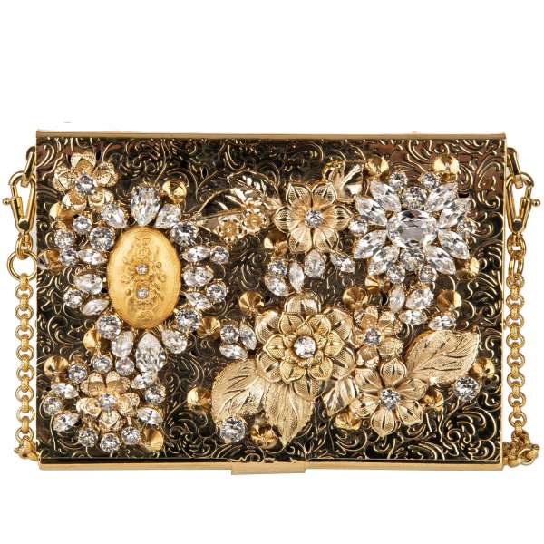 Small gold-tone metallic box clutch bag / case with floral engraving and logo plate, embellished with floral applications made of crystals, studs and brass elements by DOLCE & GABBANA