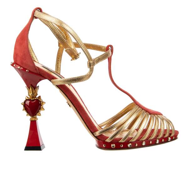 Leather High Heel Sandals BETTE with metal sacred heart element on the heel and crystals in gold and red by DOLCE & GABBANA