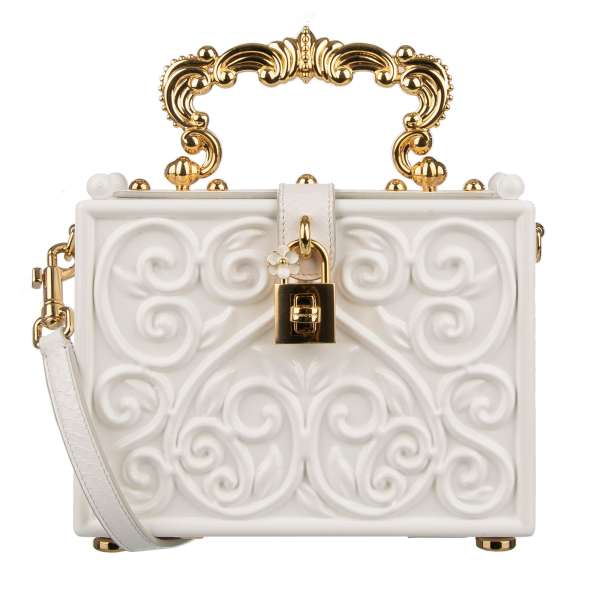 Handcrafted wooden bag / shoulder bag / clutch DOLCE BOX with floral baroque design, golden metal handle and decorative padlock with enamel flower by DOLCE & GABBANA