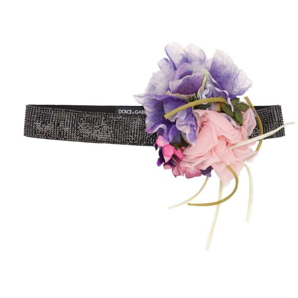 Belt for dress covered with crystals and silk flower brooch in purple and black by DOLCE & GABBANA