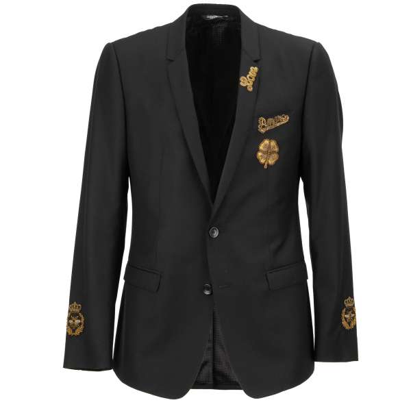 Bees, crowns and flower goldwork hand-embroidered virgin wool blazer with embroidered inscriptions "AMORE" and "LOVE" by DOLCE & GABBANA