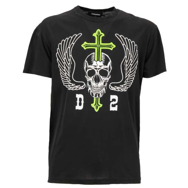 Cotton T-Shirt with Wings, Skull and Cross Logo Print in black, white and green by DSQUARED2