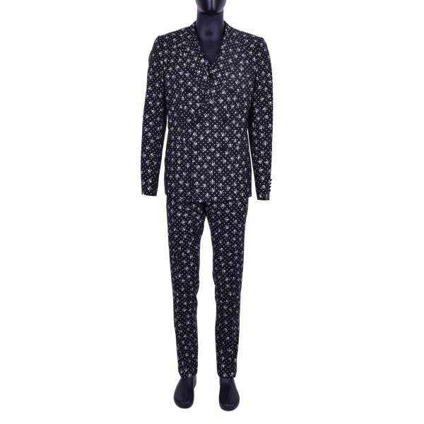 Virgin Wool double-breasted 3-pieces suit with skull and polka dot print by DOLCE & GABBANA Black Line