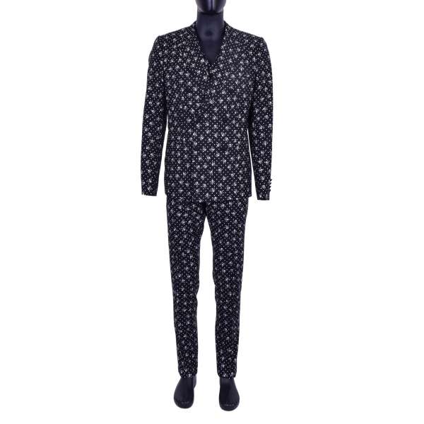 3-Teiliger doppelreihiger Anzug aus Schurwolle mit Totenkopf und Polka Dot Print von DOLCE & GABBANA Black Label