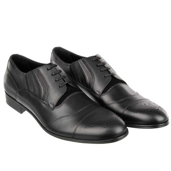 Exclusive formal derby shoes NAPOLI made of decorative pattern leather and suede in black by DOLCE & GABBANA